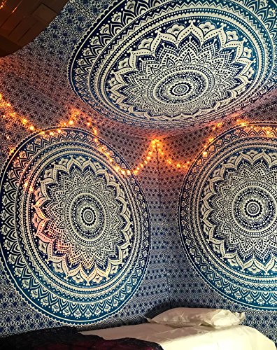 Tapiz Raajsee de regalo de Navidad, azul con degradado y Mándala, tapiz de elefante bohemio, diseño psicodélico para colgar en la pared, tapiz hippie de 220 x 240 cm
