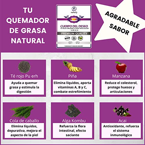 Té Quemagrasas Potente Para Adelgazar fat burner. Adelgazante natural para la pérdida de peso. Infusión Detox Natural Adelgazante con Té rojo pu-erh, Té Verde Sencha, Piña, Pomelo, Cola de Caballo