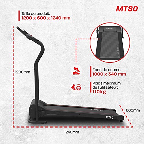 TechFit MT80 Cinta de Correr Eléctrica Plegable 1.0 HP, Máquina de Correr Que Ahorra Espacio, con Pantalla LED y Prueba de Frecuencia Cardíaca, Hogar o la Oficina