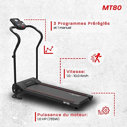 TechFit MT80 Cinta de Correr Eléctrica Plegable 1.0 HP, Máquina de Correr Que Ahorra Espacio, con Pantalla LED y Prueba de Frecuencia Cardíaca, Hogar o la Oficina