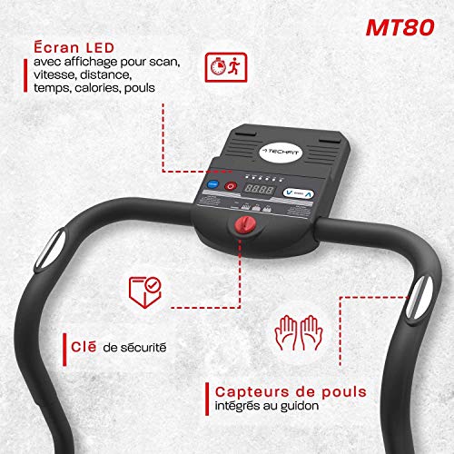 TechFit MT80 Cinta de Correr Eléctrica Plegable 1.0 HP, Máquina de Correr Que Ahorra Espacio, con Pantalla LED y Prueba de Frecuencia Cardíaca, Hogar o la Oficina
