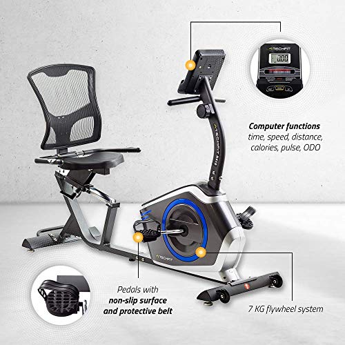 TechFit R410 Bicicleta Estática Reclinada, Ideal para el Entrenamiento de Recuperación, Sillín Ajustable, Sensores de Pulso y Monitor LCD