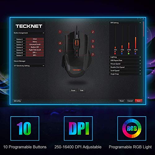 TECKNET Ratón Gaming con Cable Ratón Láser de Alta Precisión (16400 dpi, Ratón Programables de 10 Botones, Mouse Gaming Cartucho de Ajuste de Peso Extraíble, 5 Configuraciones Macro, Negro