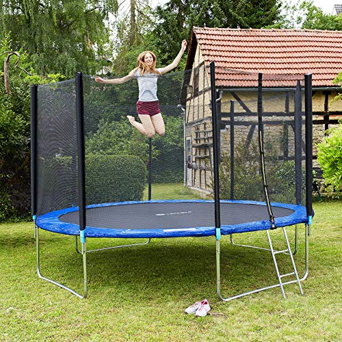 tectake 800789 Trampolín Cama Elástica de Jardín, Apertura Vertical, Exterior Patio Aire Libre, Juego Fitness Entretenimiento, Estructura de Acero, Escalera & Red de Seguridad -varios Tamaños (366 cm)