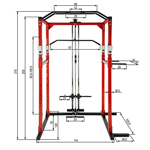 TecTake Multiestación de Fitness para Entrenamiento | 2 puntales de Seguridad macizos | Poleas para Barras de Flexiones Inferiores y Superiores Modelos (Rojo Negro Lat | No. 402738)