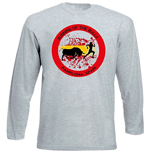 teesquare1st Pamplona - Running of The Bulls - Spain Tshirt de Manga Larga Gris para Hombre Size Xxlarge