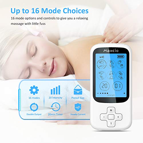 TENS Electroestimulador Muscular, Maxcio Masajeador de electrodos para TENS, EMS, Electroestimulador Digital Masaje, Recargable con 16 Modos, 2 Canal y 6 Almohadillas Reutilizables de Electrodos TENS Electroestimulador Muscular, Maxcio Masajeador de electrodos para TENS, EMS, Electroestimulador Digital Masaje, Recargable con 16 Modos, 2 Canal y 6 Almohadillas Reutilizables de Electrodos