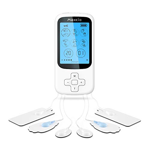 TENS Electroestimulador Muscular, Maxcio Masajeador de electrodos para TENS, EMS, Electroestimulador Digital Masaje, Recargable con 16 Modos, 2 Canal y 6 Almohadillas Reutilizables de Electrodos