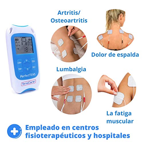 TensCare Perfect Tens+ 12 electrodos – Electroestimulador para Alivio del dolor. 2 Canales, con programas Clínicamente Comprobados para aliviar el dolor de espalda, Artritis y Lumbalgia