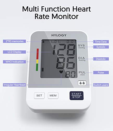 Tensiómetro de Brazo, HYLOGY Tensiómetro de Brazo Digital, 2 Memorias de Usuario(2 * 90), Escala de Colores de Semáforo de la OMS, Validado Clínicamente (Blanco) Tensiómetro de Brazo, HYLOGY Tensiómetro de Brazo Digital, 2 Memorias de Usuario(2 * 90), Escala de Colores de Semáforo de la OMS, Validado Clínicamente (Blanco)