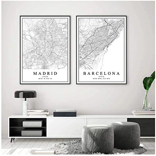 Terilizi Mapa De La Ciudad De España Barcelona Madrid Málaga Sevilla Valencia Zaragoza Carteles Pinturas En Lienzo Arte De La Pared Impresiones Decoración Interior del Hogar-40X50Cmx3Pcs Sin Marco