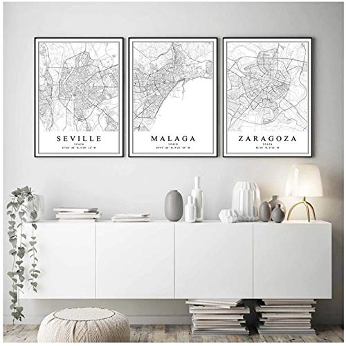 Terilizi Mapa De La Ciudad De España Barcelona Madrid Málaga Sevilla Valencia Zaragoza Carteles Pinturas En Lienzo Arte De La Pared Impresiones Decoración Interior del Hogar-40X50Cmx3Pcs Sin Marco