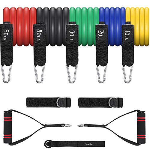 Terra Hiker Bandas Elasticas Resistencia, para Fitness/Gimnasio, hasta 68 kg (150lbs), Incluye 5 Bandas de Tubo, con Manija/Anclaje de Puerta