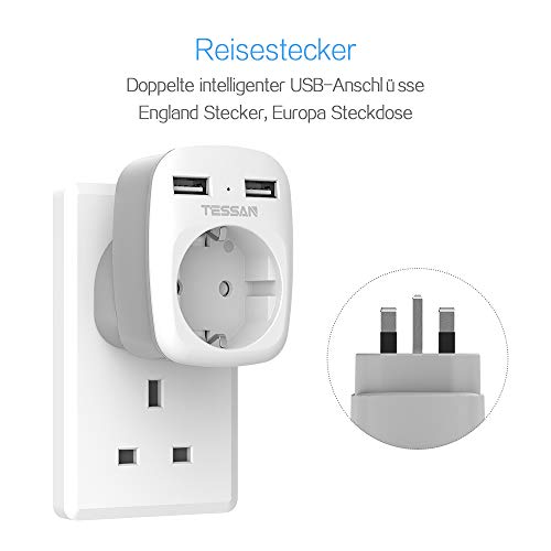 TESSAN Adaptador Enchufe Ingles UK Inglaterra Adaptador de Viaje con 2 USB (2.4A), Español 2 Patas Europa hacia 3 Patas Reino Unido RU para Irlanda Escocia Britanico Maldivas(Tipo G) Blanco TESSAN Adaptador Enchufe Ingles UK Inglaterra Adaptador de Viaje con 2 USB (2.4A), Español 2 Patas Europa hacia 3 Patas Reino Unido RU para Irlanda Escocia Britanico Maldivas(Tipo G) Blanco