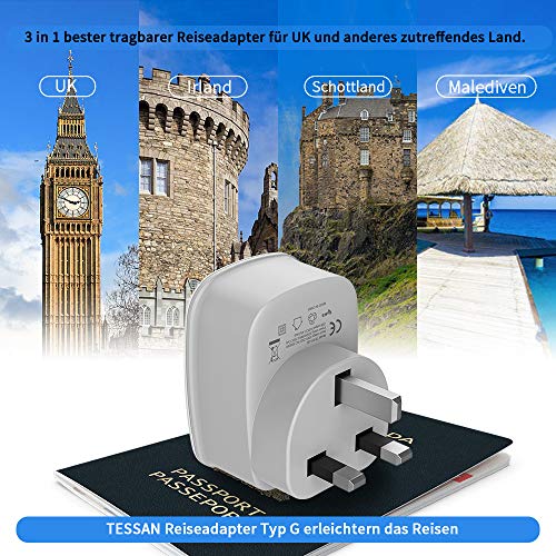 TESSAN Adaptador Enchufe Ingles UK Inglaterra Adaptador de Viaje con 2 USB (2.4A), Español 2 Patas Europa hacia 3 Patas Reino Unido RU para Irlanda Escocia Britanico Maldivas(Tipo G) Blanco TESSAN Adaptador Enchufe Ingles UK Inglaterra Adaptador de Viaje con 2 USB (2.4A), Español 2 Patas Europa hacia 3 Patas Reino Unido RU para Irlanda Escocia Britanico Maldivas(Tipo G) Blanco