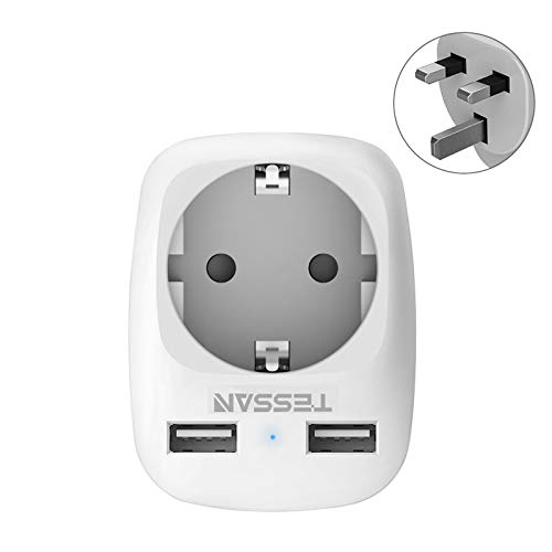 TESSAN Adaptador Enchufe Ingles UK Inglaterra Adaptador de Viaje con 2 USB (2.4A), Español 2 Patas Europa hacia 3 Patas Reino Unido RU para Irlanda Escocia Britanico Maldivas(Tipo G) Blanco TESSAN Adaptador Enchufe Ingles UK Inglaterra Adaptador de Viaje con 2 USB (2.4A), Español 2 Patas Europa hacia 3 Patas Reino Unido RU para Irlanda Escocia Britanico Maldivas(Tipo G) Blanco