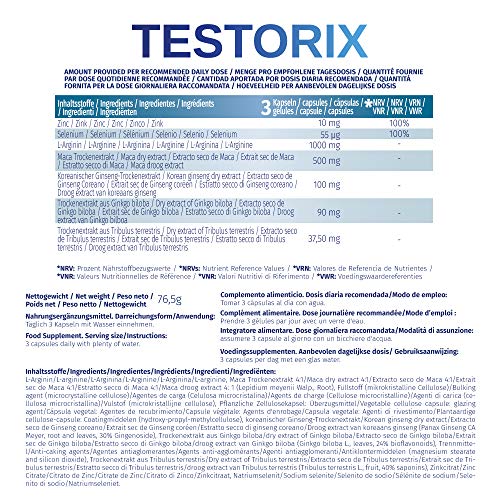 Testorix | Contribuye al Mantenimiento de Niveles Normales de Testosterona | Fórmula con Zinc, Ginseng, Maca, L-arginina, Tribulus Terrestris y Ginkgo Biloba | 90 Cápsulas Vegetales