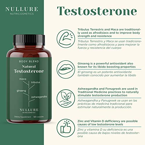 Testosterona Hombre Natural Nullure - Mejora Rendimiento y Potenciador del Deseo Masculino - Maca + Zinc + Ashwagandha + Ginseng + Tribulus Terrestris + Vitamina D + Fenogreco - 120 cápsulas