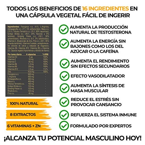 Testosterona Hombre | Potenciador Masculino | Fuerza · Energía · Rendimiento | 16 Ingredientes | 120 Cápsulas | Maca + Tribulus Terrestris + Ginkgo Biloba + Ashwaganda + Vitaminas