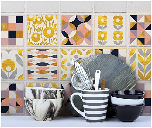 The Nisha 24 PC pegatinas para pared Adhesivo de Pared Salpicadero de Vinilos Azulejos Adhesivos Arte Ecléctico para la Cocina & Baño, 10x10 cm, Bauhaus