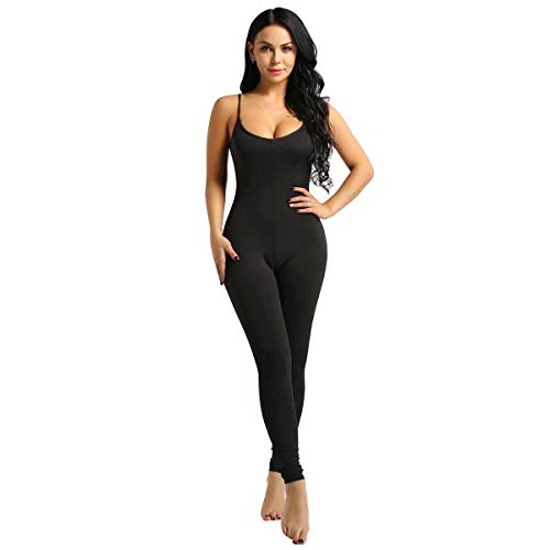 TiaoBug Leotardo para Danza Yoga Mujeres Jumpsuit Monos Elástico de Espaquetis Deportivo Bodysuit Maillots Una Pieza Sueva Negro Small