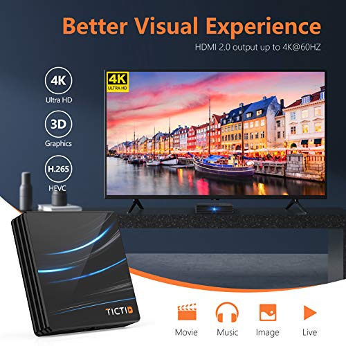 TICTID Android 10.0 TV Box D1 Pro【4G+64G】 RK3318 Quad-Core 64bit WiFi-Dual 5G/2.4G,BT 4.0, 4K*2K UDR H.265, USB 3.0 Smart TV Box