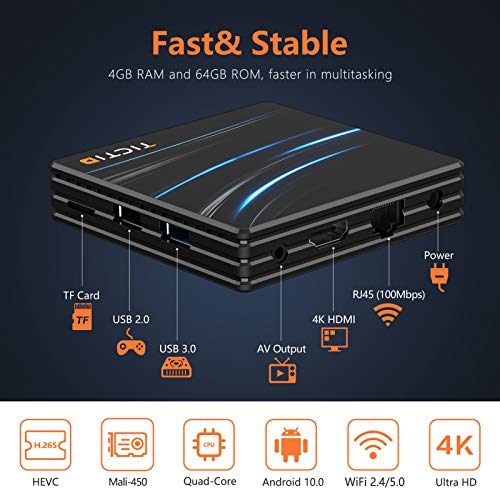 TICTID Android 10.0 TV Box D1 Pro【4G+64G】 RK3318 Quad-Core 64bit WiFi-Dual 5G/2.4G,BT 4.0, 4K*2K UDR H.265, USB 3.0 Smart TV Box