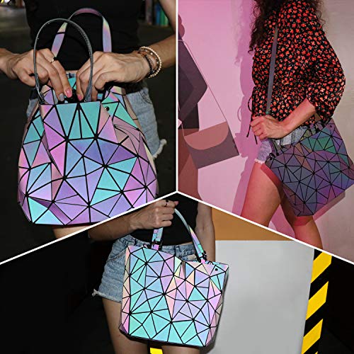 Tikea Bolsa Geométrica Luminosa Holográfica para Mujer, Bolsa Cruzada Reversible de Moda en Cuero Sintético, Bolsa Bandolera con Manilla Efecto Reflectante