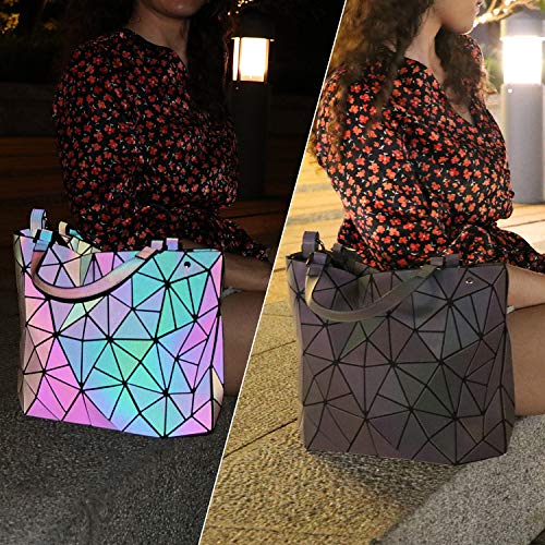 Tikea Bolsa Geométrica Luminosa Holográfica para Mujer, Bolsa Cruzada Reversible de Moda en Cuero Sintético, Bolsa Bandolera con Manilla Efecto Reflectante