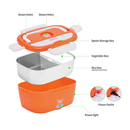 Timker 12V 24V 220V Fiambrera Electrica 3 in 1 para Coche/Camión y Trabajo Termo Comida 40W con Dos Compartimentos Bandeja Extraíble de Acero 304 Inoxidable Portátil 1.5L-304 Tenedor y Cuchara