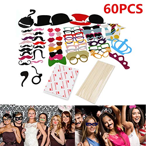 Tinksky 60 Piezas DIY Photo Booth Selfie Accesorios Favorecer Decoracion Incluyendo Bigotes Gafas Pelo Arcos Sombreros Labios Coronas para Boda Baby Shower cumpleaños Navidad Halloween Año Nuevo y Otro Diferentes Ocasiones