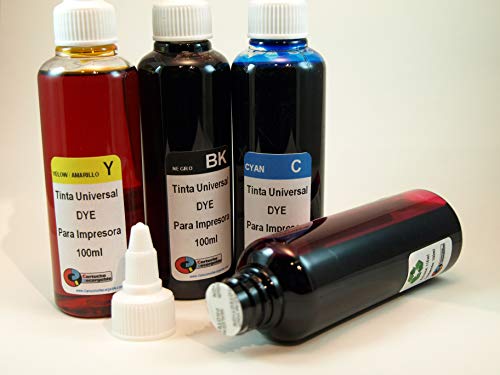 Tinta Universal Compatible para HP, Brother, Canon, Lexmark. 4 X 100ML (Negro+Cyan+Magenta+Amarillo) Tinta Universal Compatible para HP, Brother, Canon, Lexmark. 4 X 100ML (Negro+Cyan+Magenta+Amarillo)