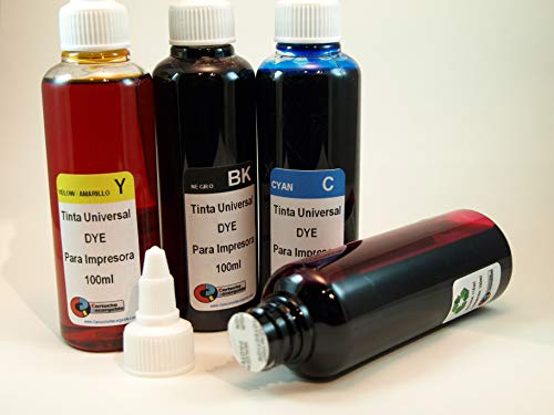 Tinta Universal Compatible para HP, Brother, Canon, Lexmark. 4 X 100ML (Negro+Cyan+Magenta+Amarillo)