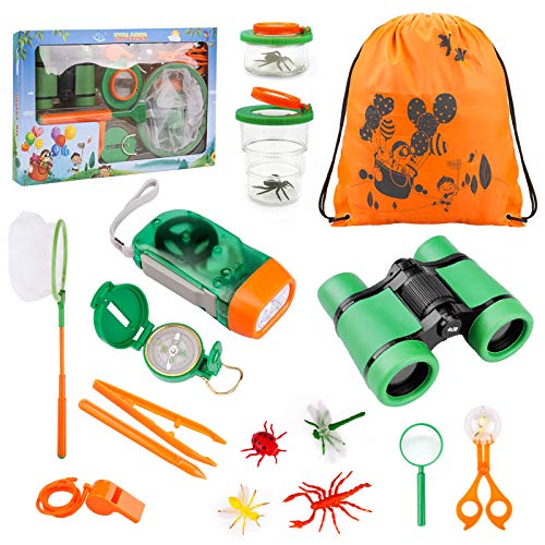Tintec Kit Explorador Niños, Juguetes de Exploración 24 Piezas Al Aire para Niños de 3-10 Años, Juguetes Niños Educativos Regalo de Cumpleaños con Mochila Brújula Binocular Insectos Linterna
