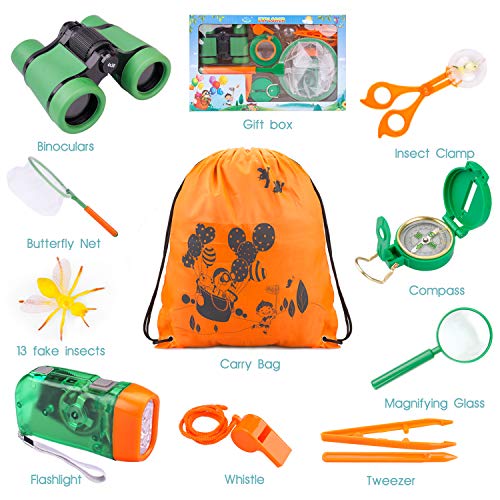 Tintec Kit Explorador Niños, Juguetes de Exploración 24 Piezas Al Aire para Niños de 3-10 Años, Juguetes Niños Educativos Regalo de Cumpleaños con Mochila Brújula Binocular Insectos Linterna