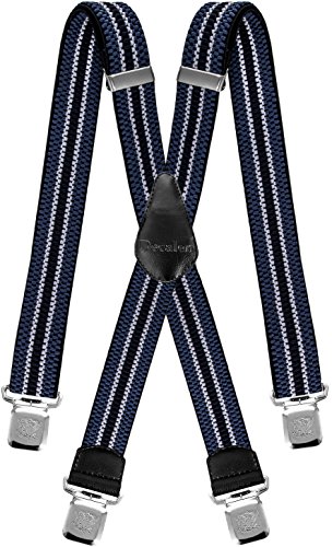 Tirantes Hombre X-Forma Elásticos Ancho 40 mm con clips extra fuerte totalmente adjustable (Azul Plata Negro)