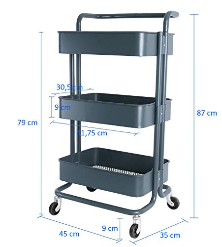 TLV TLV-FH-TR001-GREY Carro Multiuso Auxiliar con Ruedas Almacenamiento 3 Niveles Cocina Oficina Baño, Gris