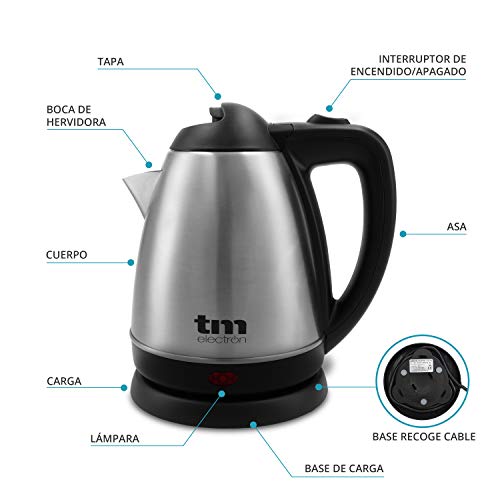 TM Electron TMPKT012 hervidor de Agua eléctrico de 1,2 litros de Capacidad, 1.000w, indicador led, Base 360º y Doble Sistema de Seguridad, Color Acero Inoxidable, 1000 W TM Electron TMPKT012 hervidor de Agua eléctrico de 1,2 litros de Capacidad, 1.000w, indicador led, Base 360º y Doble Sistema de Seguridad, Color Acero Inoxidable, 1000 W