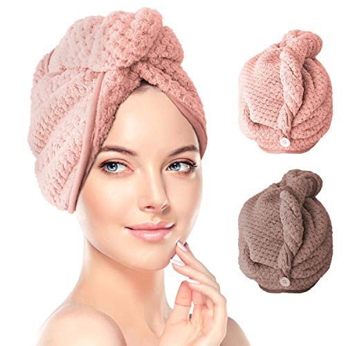 Toallas para Secar el Pelo, Toalla Turbante para el Pelo, Cabello Turbante de Secado rápido Coral Fleece con Botón del Abrigo, para en EUR Ducha, SPA, Maquillaje (Marrón,Rosado)