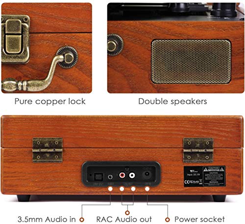 Tocadiscos - Amzdeal Tocadiscos de Vinilo Vintage DJ Bluetooth Portátil 3 Velocidades 33/45/78 con 2 Altavoces Incorporados, Multifuncional con Conector USB/SD/MMC, Salida RCA, Estilo Retro Wood