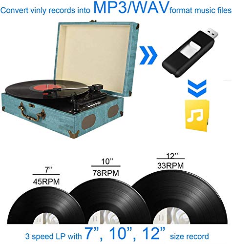 Tocadiscos Bluetooth con Estéreo Altavoces, Tocadiscos de Vinilo de Estilo Vintage, 33/45/78 RPM, Salida RCA/Auriculares / MP3 / Grabacion de Vinilo