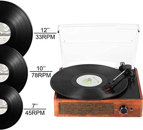 Tocadiscos Bluetooth portátil de Tres velocidades (33 1/3, 45 y 78 RPM), Vintage Vinilo Tocadiscos con Altavoces estéreo Integrados, soporta Salida RCA/Jack para Auriculares / MP3