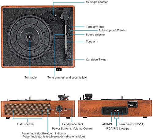 Tocadiscos Bluetooth portátil de Tres velocidades (33 1/3, 45 y 78 RPM), Vintage Vinilo Tocadiscos con Altavoces estéreo Integrados, soporta Salida RCA/Jack para Auriculares / MP3