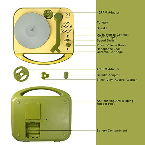 Tocadiscos, mini maleta de viaje portátil con pilas, para discos de vinilo de 7 pulgadas, 2 velocidades, conector para auriculares, altavoz integrado, 4 pilas AA (Verde)