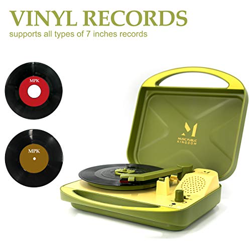 Tocadiscos, mini maleta de viaje portátil con pilas, para discos de vinilo de 7 pulgadas, 2 velocidades, conector para auriculares, altavoz integrado, 4 pilas AA (Verde)