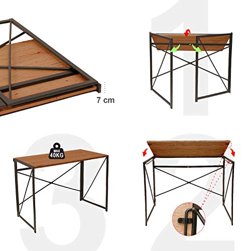 Todeco - Mesa Ordenador, Escritorio Trabajo Plegable, Escritorio Industrial Mesa, Mesa Escritorio Madera, no Necesita instalación, Hecho de Madera y Acero, Marrón