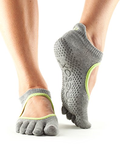 ToeSox Bellarina Calcetines tobilleros de mujer con dedos cerrados, antideslizantes, para ballet, yoga, pilates, barre, 8-10.5 Ladies, Heather Grey With Lime Trim