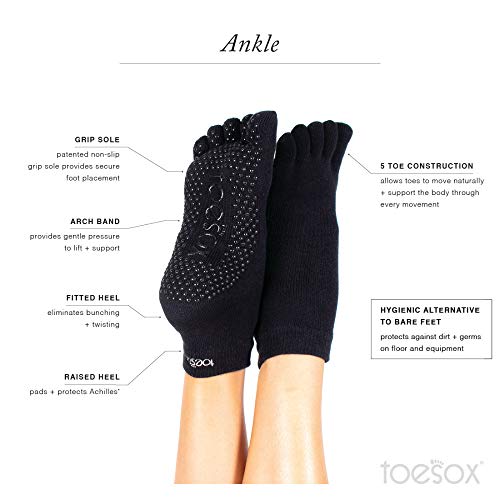 Toesox Full Toe Ankle Calcetines de Yoga, Unisex Adulto, Negro, S