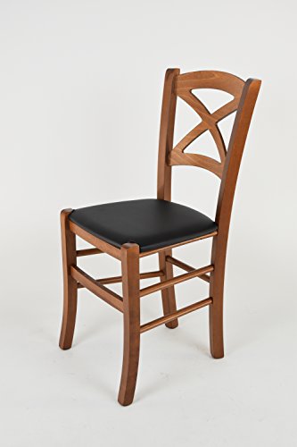 Tommychairs - Set 6 sillas Cross para Cocina y Comedor, Estructura en Madera de Haya Color Nuez Claro y Asiento tapizado en Polipiel Color Negro