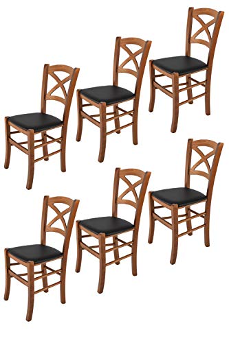 Tommychairs - Set 6 sillas Cross para Cocina y Comedor, Estructura en Madera de Haya Color Nuez Claro y Asiento tapizado en Polipiel Color Negro Tommychairs - Set 6 sillas Cross para Cocina y Comedor, Estructura en Madera de Haya Color Nuez Claro y Asiento tapizado en Polipiel Color Negro